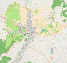 Mapa konturowa Rymanowa, blisko centrum u góry znajduje się punkt z opisem „Posada Dolna”