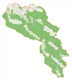 Mapa konturowa gminy Sękowa, w centrum znajduje się punkt z opisem „Pętna, cmentarz wojenny nr 63”