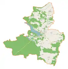 Mapa konturowa gminy Sława, blisko centrum u góry znajduje się punkt z opisem „Dębowo”