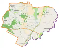 Mapa konturowa gminy Sławatycze, na dole znajduje się punkt z opisem „Placówka SG w Sławatyczach”