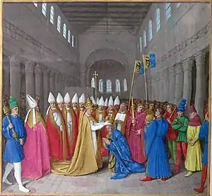 Koronacja cesarza Karola Wielkiego, według Grandes Chroniques de France Jeana Foqueta, 1415-142, Paryż, BnF