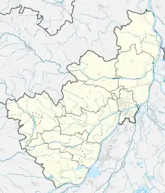 Mapa konturowa powiatu sandomierskiego, blisko centrum po lewej na dole znajduje się punkt z opisem „Byszów”