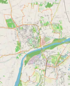 Mapa konturowa Sandomierza, u góry nieco na prawo znajduje się punkt z opisem „Stacja Nadawcza Sandomierz Mokoszyńska”