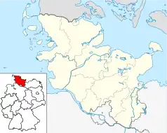 Mapa konturowa Szlezwika-Holsztynu, po prawej nieco na dole znajduje się punkt z opisem „Kościół św. Katarzyny w Lubece”