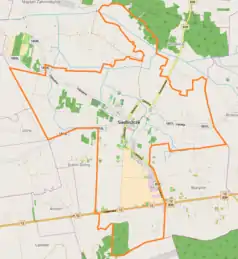 Mapa konturowa Siedliszcza, w centrum znajduje się punkt z opisem „Kościół Matki Boskiej Częstochowskiej”