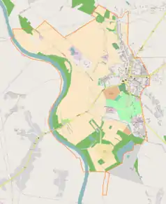 Mapa konturowa Sieniawy, po prawej nieco u góry znajduje się punkt z opisem „Sieniawa, kościół/cerkiew”