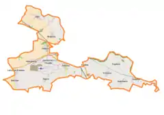 Mapa konturowa gminy Skarbimierz, po prawej nieco na dole znajduje się punkt z opisem „Zwanowice”