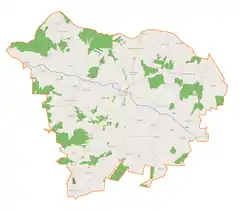 Mapa konturowa gminy Skierbieszów, u góry po prawej znajduje się punkt z opisem „Cmentarz polskokatolicki w Podwysokim”