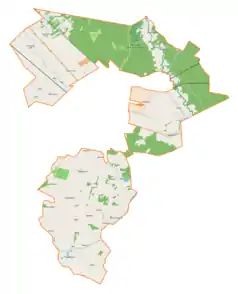 Mapa konturowa gminy wiejskiej Skierniewice, na dole po lewej znajduje się punkt z opisem „Żelazna-Majątek”