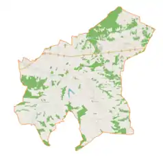 Mapa konturowa gminy Skrzyszów, blisko centrum u góry znajduje się punkt z opisem „Ładna”