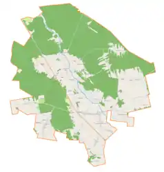 Mapa konturowa gminy Smyków, po lewej nieco na dole znajduje się punkt z opisem „Kozów”