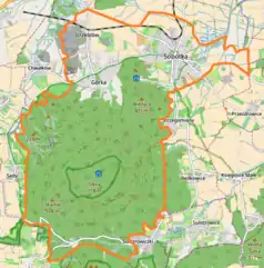 Mapa konturowa Sobótki, u góry nieco na lewo znajduje się punkt z opisem „Górka”