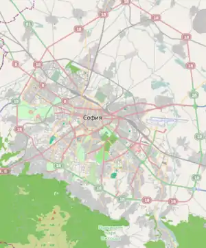 Mapa konturowa Sofii, w centrum znajduje się punkt z opisem „Instytut Polski w Sofii”