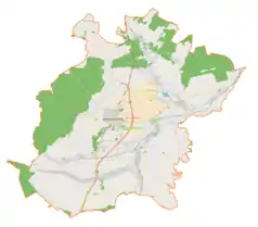 Mapa konturowa gminy Sokołów Małopolski, na dole po lewej znajduje się punkt z opisem „Trzebuska”