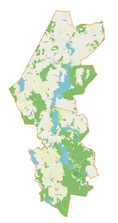 Mapa konturowa gminy Sorkwity, blisko centrum po prawej na dole znajduje się punkt z opisem „źródło”, natomiast na dole po prawej znajduje się punkt z opisem „ujście”