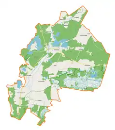 Mapa konturowa gminy Sosnowica, blisko centrum na dole znajduje się owalna plamka nieco zaostrzona i wystająca na lewo w swoim dolnym rogu z opisem „Zienkowskie”