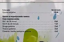 Cennik z informacją o darmowych pierwszych trzydziestu minutach przejazdu.