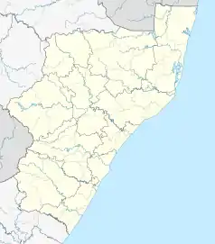 Mapa konturowa KwaZulu-Natalu, na dole nieco na lewo znajduje się punkt z opisem „Port Shepstone”