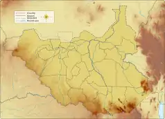 Mapa konturowa Sudanu Południowego, na dole znajduje się punkt z opisem „źródło”, natomiast blisko centrum u góry znajduje się punkt z opisem „ujście”