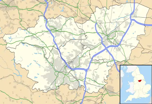 Mapa konturowa South Yorkshire, blisko centrum na lewo u góry znajduje się punkt z opisem „Stainborough”