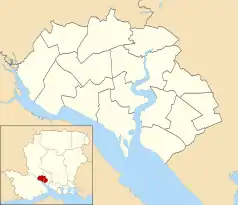 Mapa konturowa Southampton, w centrum znajduje się punkt z opisem „St Mary’s Stadium”