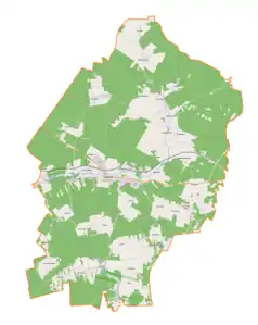 Mapa konturowa gminy Stąporków, blisko centrum po lewej na dole znajduje się punkt z opisem „Mokra”