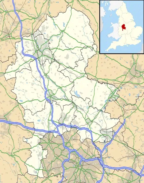 Mapa konturowa Staffordshire, blisko centrum po prawej na dole znajduje się punkt z opisem „Elmhurst”