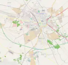 Mapa konturowa Stargardu, u góry nieco na prawo znajduje się punkt z opisem „Stargard Szczeciński Wąskotorowy”