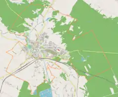 Mapa konturowa Staszowa, w centrum znajduje się punkt z opisem „Lądowisko Staszów-Szpital”