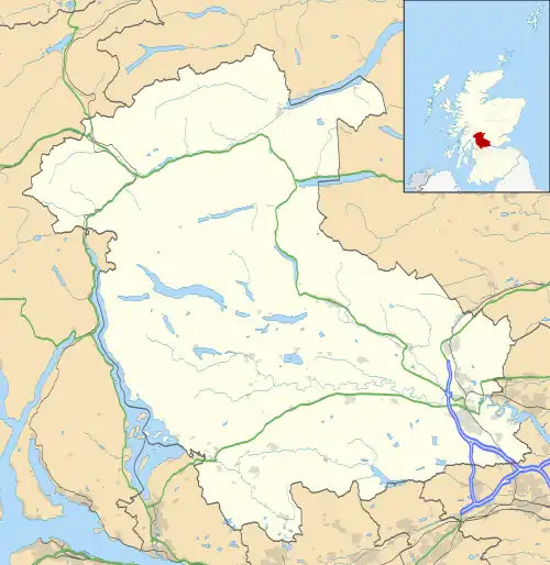 Mapa konturowa hrabstwa Stirling, po prawej nieco na dole znajduje się punkt z opisem „Doune”