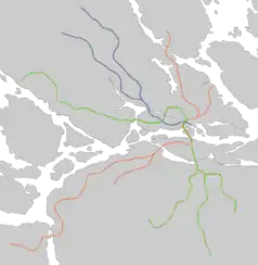 Mapa konturowa regionu Sztokholm, na dole nieco na prawo znajduje się punkt z opisem „Rågsved”