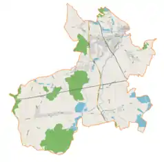 Mapa konturowa gminy Strumień, u góry po prawej znajduje się punkt z opisem „Parafia św. Barbary”