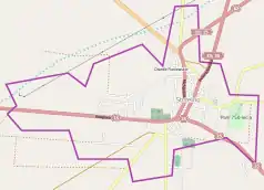 Mapa konturowa Strzelna, blisko centrum na prawo znajduje się punkt z opisem „Trii”