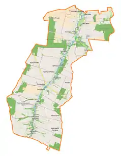 Mapa konturowa gminy Strzyżewice, blisko centrum na prawo u góry znajduje się punkt z opisem „Iżyce”