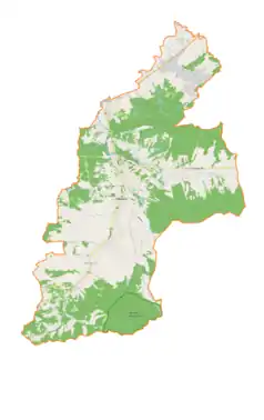 Mapa konturowa gminy Sułkowice, na dole po lewej znajduje się punkt z opisem „Cisy Raciborskiego”