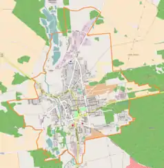 Mapa konturowa Sulęcina, na dole znajduje się punkt z opisem „Lądowisko Sulęcin-Szpital”