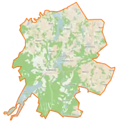 Mapa konturowa gminy Sulęczyno, blisko prawej krawiędzi znajduje się punkt z opisem „Borowiec”