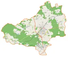 Mapa konturowa gminy Sulechów, blisko centrum u góry znajduje się punkt z opisem „Pałac w Kalsku”