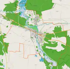 Mapa konturowa Sulejowa, w centrum znajduje się punkt z opisem „Parafiapw. św. Floriana Męczennikaw Sulejowie”