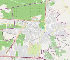 Mapa konturowa Sulejówka, po prawej znajduje się punkt z opisem „Parafia Przemienienia Pańskiego w Sulejówku-Miłośnie”