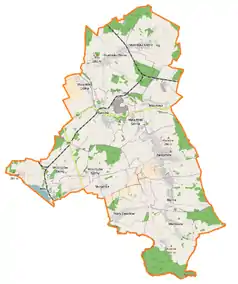 Mapa konturowa gminy Sulików, blisko centrum na prawo znajduje się punkt z opisem „Radzimów Górny”