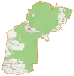 Mapa konturowa gminy Supraśl, u góry nieco na lewo znajduje się punkt z opisem „Sadowy Stok”