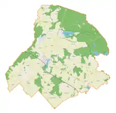 Mapa konturowa gminy Susz, po lewej nieco na dole znajduje się punkt z opisem „Jawty Wielkie”