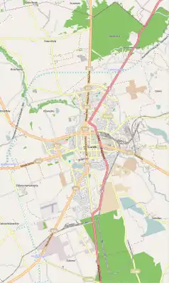 Mapa konturowa Suwałk, blisko centrum na prawo znajduje się punkt z opisem „Molenna w Suwałkach”