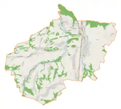 Mapa konturowa gminy Szaflary, blisko centrum po prawej na dole znajduje się punkt z opisem „Parafia Miłosierdzia Bożego”