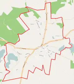 Mapa konturowa Szamocina, blisko prawej krawiędzi na dole znajduje się punkt z opisem „Leśniczówka”