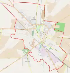 Mapa konturowa Szamotuł, po prawej nieco na dole znajduje się punkt z opisem „Stadion im. Stanisława Kurowskiego”