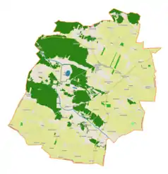 Mapa konturowa gminy Szczawin Kościelny, blisko centrum na prawo znajduje się punkt z opisem „Szczawin Borowy-Wieś”