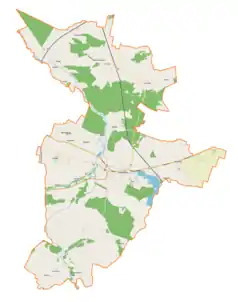 Mapa konturowa gminy Szczekociny, na dole nieco na lewo znajduje się punkt z opisem „Rokitno”