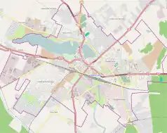 Mapa konturowa Szczytna, w centrum znajduje się punkt z opisem „Kościół ewangelicko-augsburski w Szczytnie”